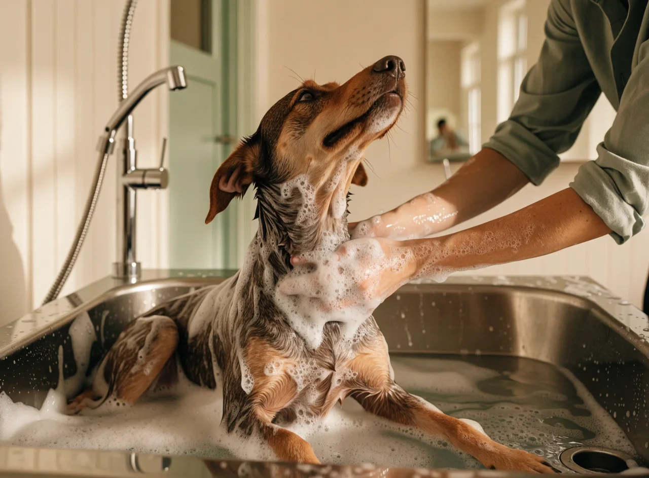 A dog being washed with natural shampoo in the studio bath